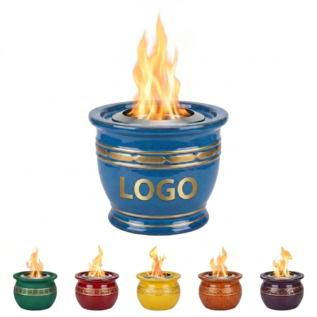 Glazed Ceramic Tabletop Ethanol Fire Bowl with Gold Accent