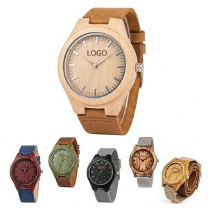 Multi-Color Wooden Case & Leather Strap Quartz Watch Collection